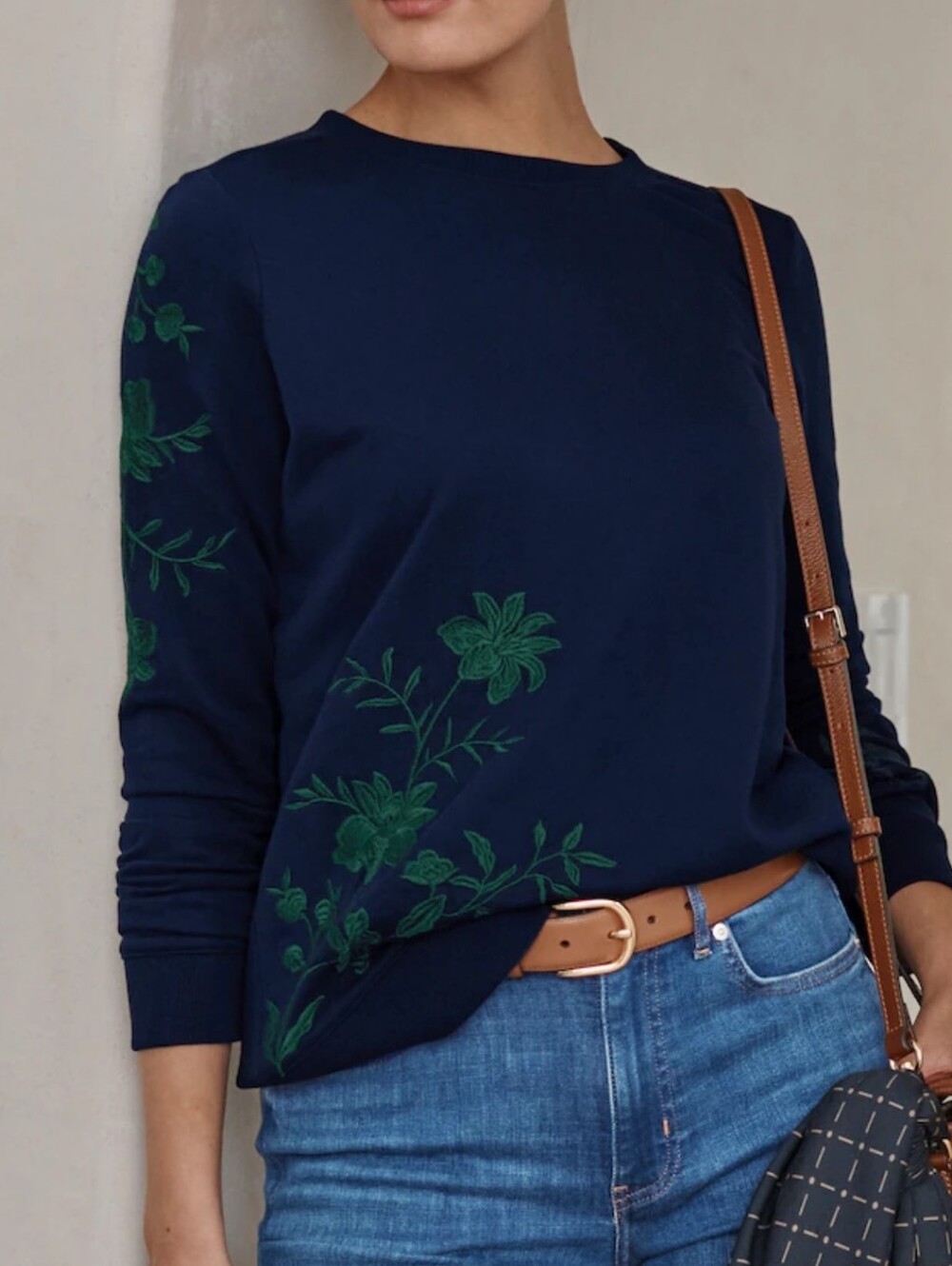 J.Jill Embroidered Floral Pullover Sweatshirt Classic Navy Pine Boho  XL Tall